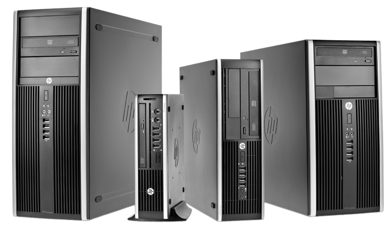   Four HP 8200 Elite Desktops in different form factors, from left to right: Convertible Minitower (CMT), Ultra-Slim Desktop (USDT), Small Form Factor (SFF), and Microtower (MT). 